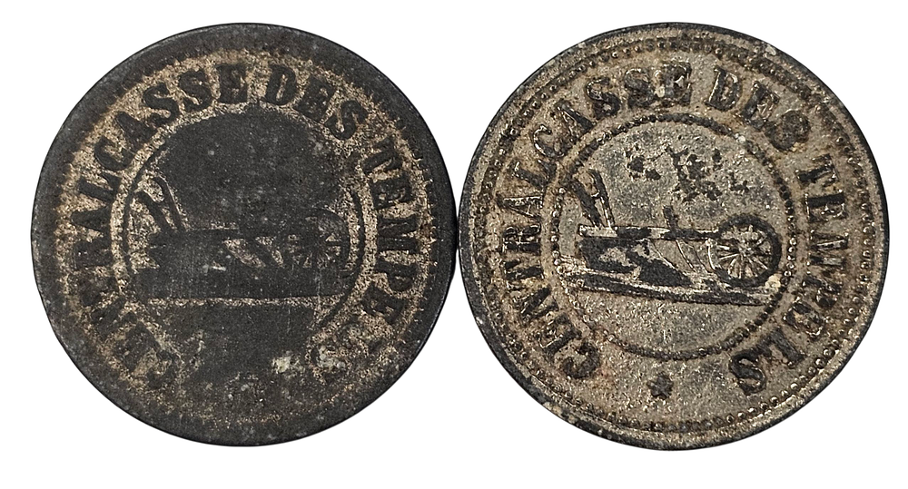 פלשתינה א"י - זוג אסימוני טמפלרים בעריך 40 פארה משנת 1880-1917, עשוי אבץ מצופה ניקל, 3.33 גרם 