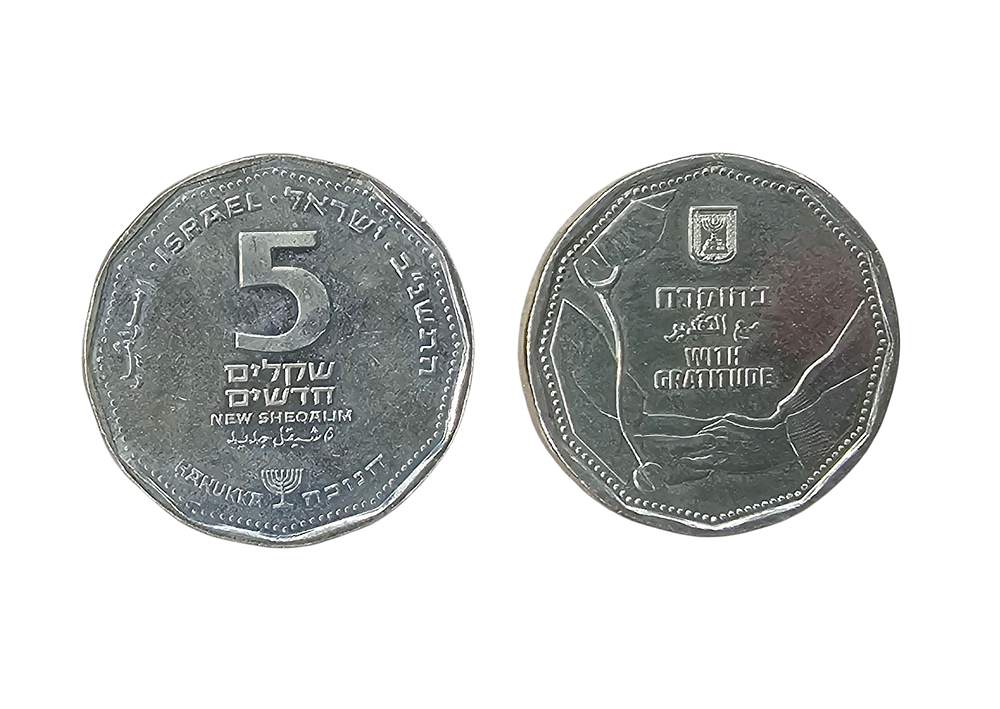 זוג מטבעות 5 שקלים אחד בהוקרה לרופאים והשני חנוכה.