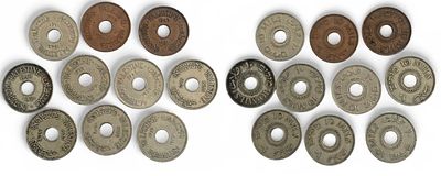 סט מטבעות המנדט, בערך 10 מיל כל השנים פרט ל-1941, מצבים שונים.