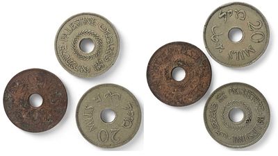 שלישיית מטבעות המנדט, בערך 120 מיל, שנים 1927- 1935-1942, מצבים שונים.