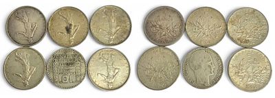 צרפת - מטבעות כסף 5 ו-10 פראנק . 
מתכת: כסף 0.900 . 
משקל: 70 גרם. 