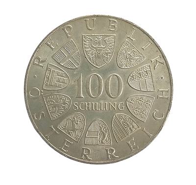 מטבע כסף אוסטרי - 100 שילינג, כסף 0.64, משקל 24.05 גרם, מצב מעולה. 
תקופה הרפובליקה השנייה 