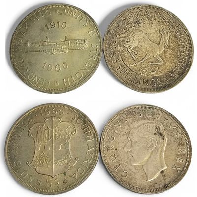 זוג מטבעות כסף דרום אפריקאי 5 שילינג, כסף 0.500, משקל 56.54 גרם, מצב מעולה. 
1948-1960.