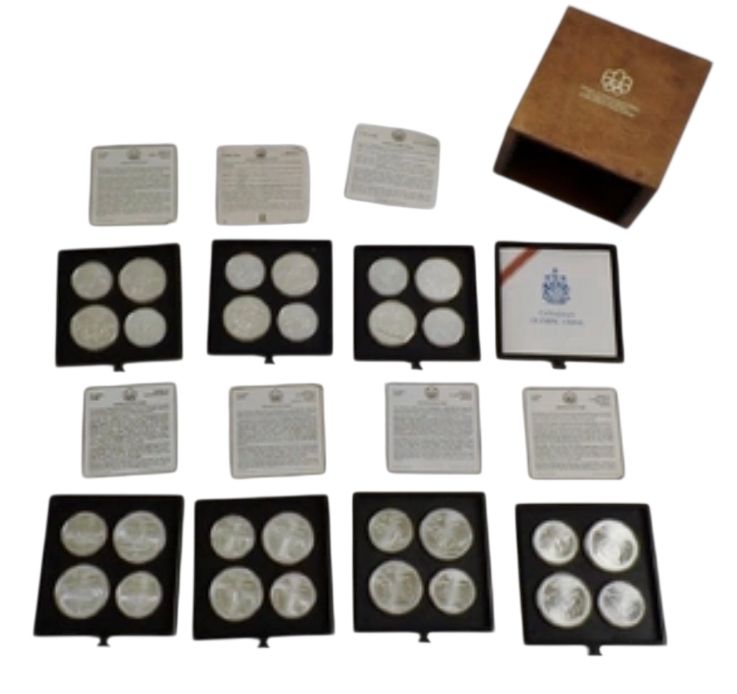 סט 28 מטבעות כסף 925 מזכרת מהמשחקים האוליפיים בקנדה 1976. 
סה"כ 714.6 גרם כסף 925 . 
מורכב 