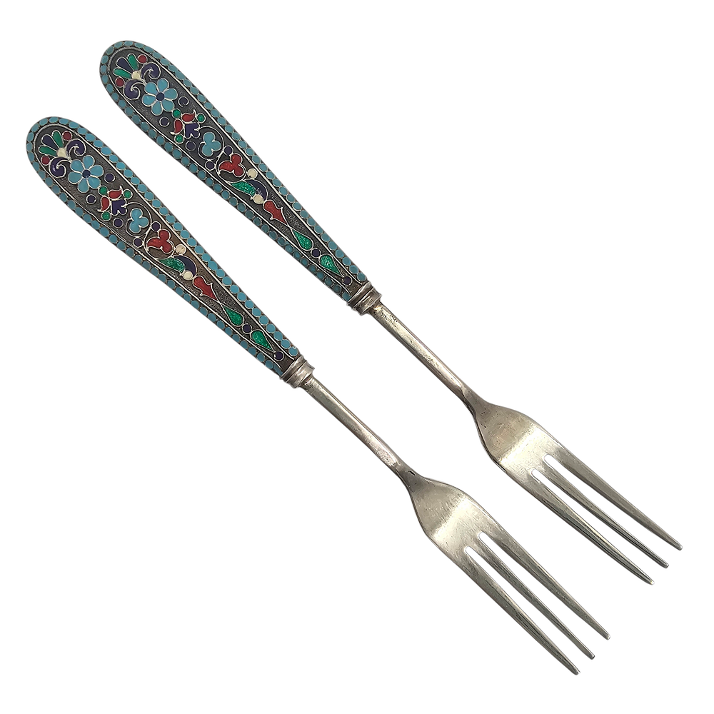 A pair of Imperial Russian silver forks, with gilding and beautiful enamel, with floral 