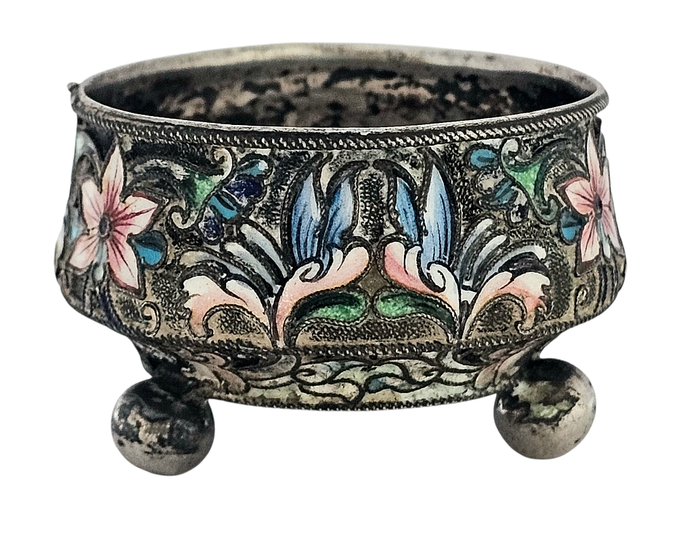 ***נדיר - כלי למלח לברכת "המוציא" עשוי כסף 84 אימפריאלי רוסי ממוסקבה, עבודת אמייל שמפלבה על 