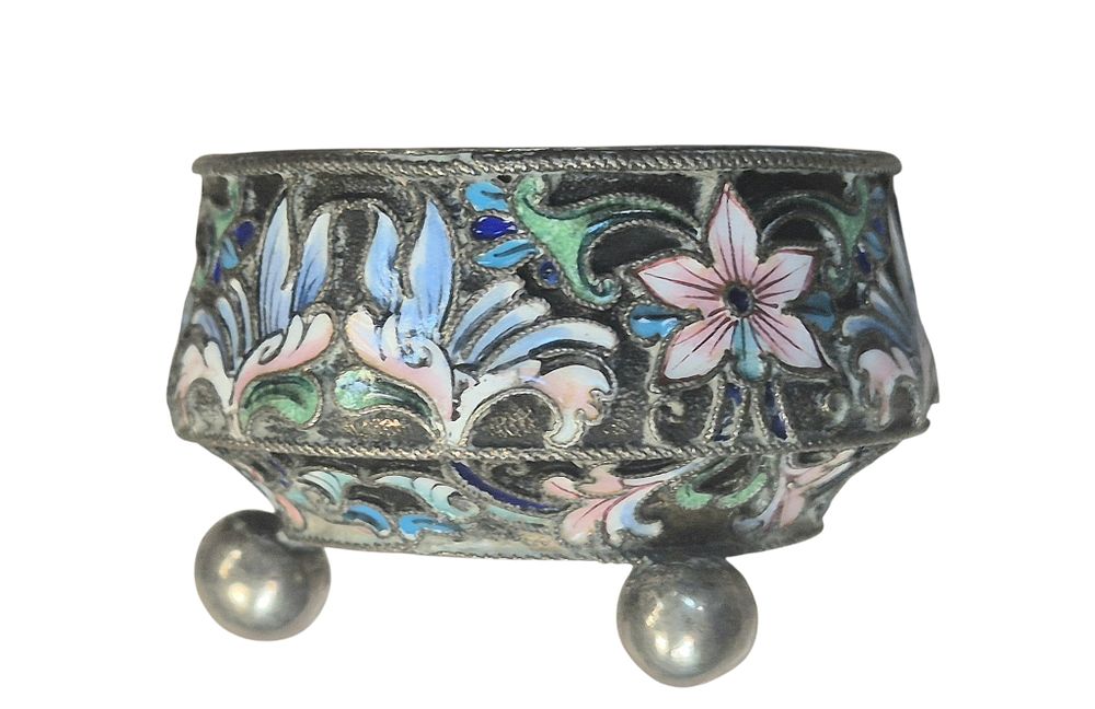 Beautiful Imperial Russian silver dish for salt, with intricate enamel work. 
Silver 84. 