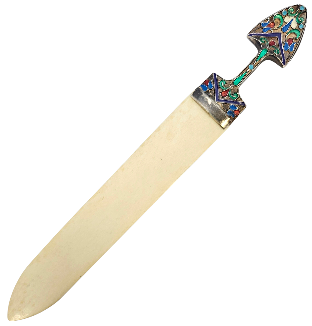 ***נדיר - פותחן מכתבים עשוי כסף 84 אימפריאלי רוסי, עבודת אמייל שמפלבה ידי אמן, להב עשוי שנ-הב 