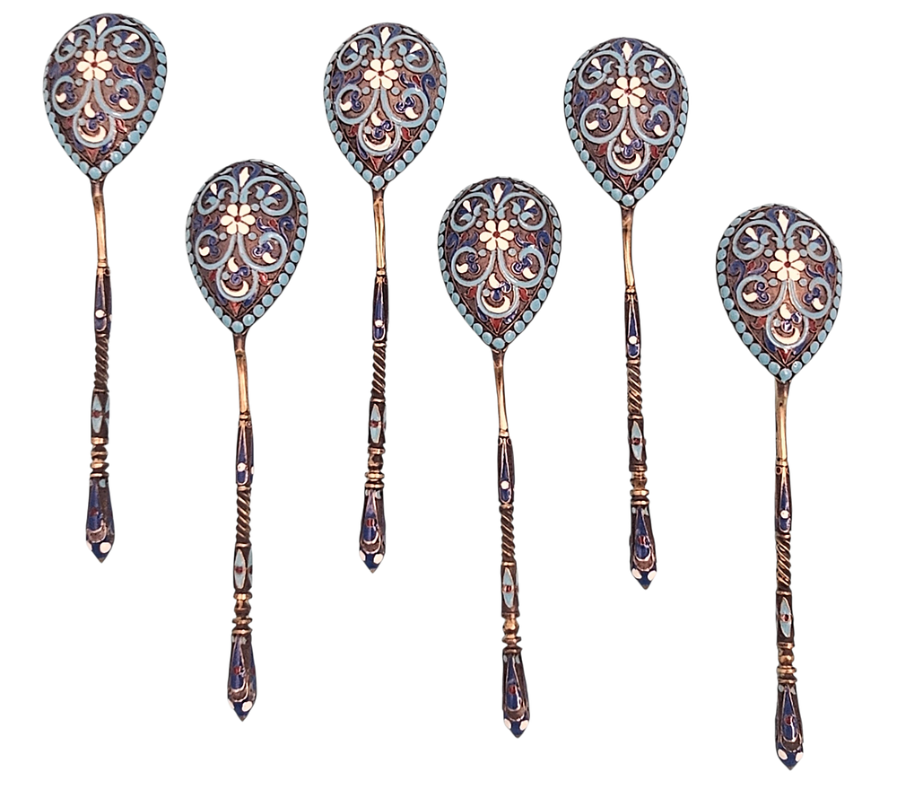 ***נדיר - שישיית כפיות עשויים כסף 84 אימפריאלי רוסי מוזהב, עבודת אמייל שמפלבה על פיליגרן ידי 