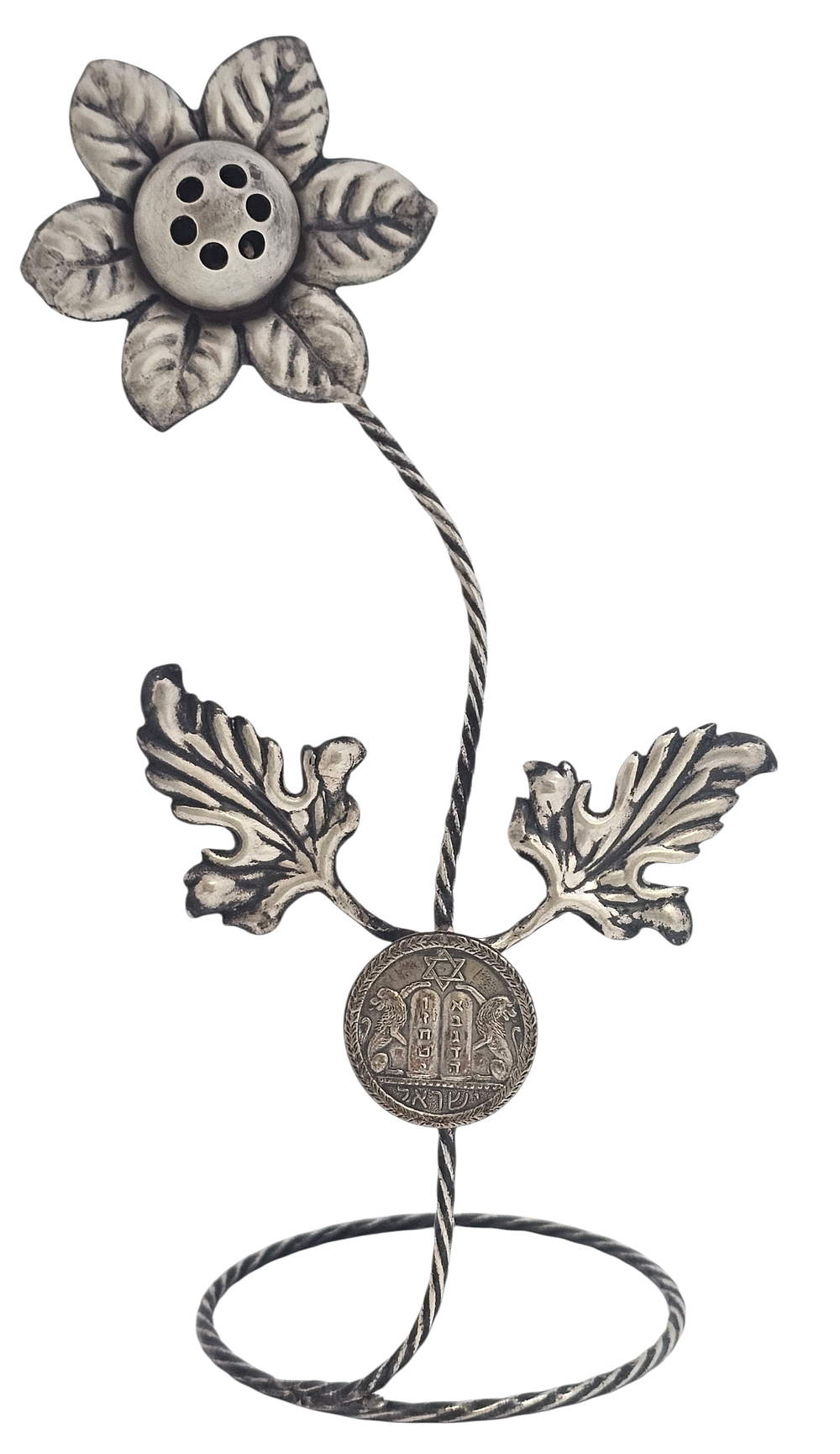***לא מצוי - מגדל בשמים ישראלי, עשוי כסף 925, בצורת פרח, במרכזו פלאק לוחות הברית ולצידו אריות 