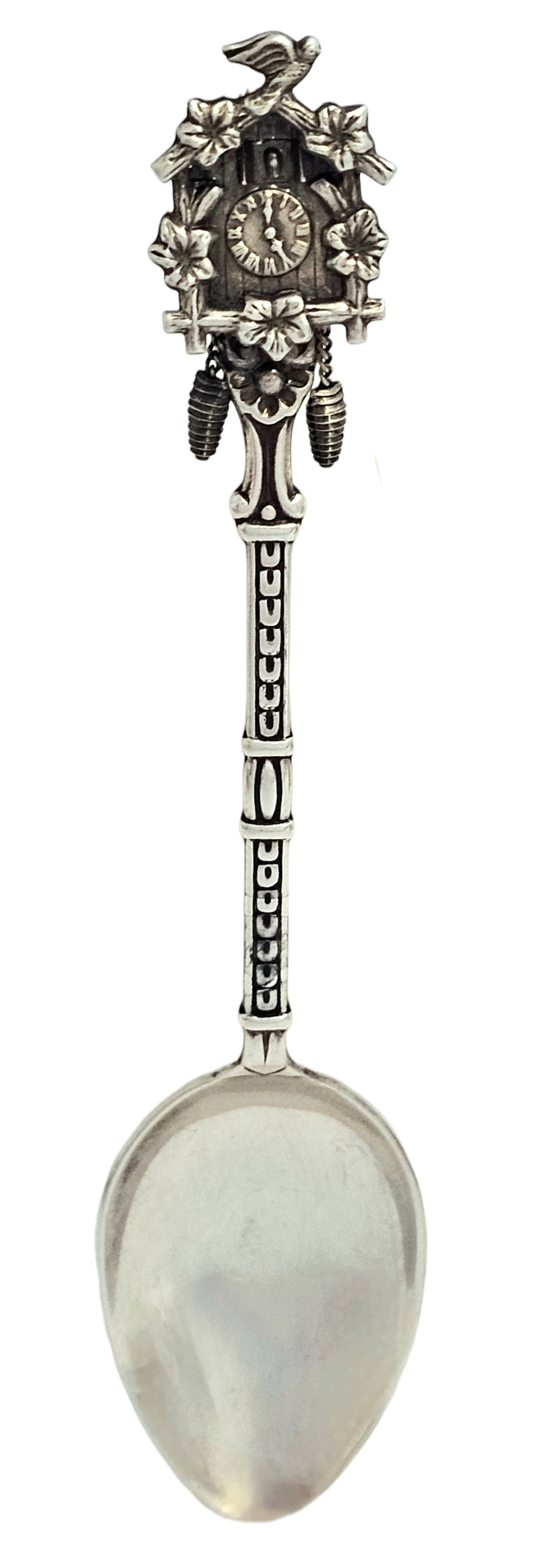 Charming collector's silver plated spoon of a cuckoo clock with pendulum that can actually be 