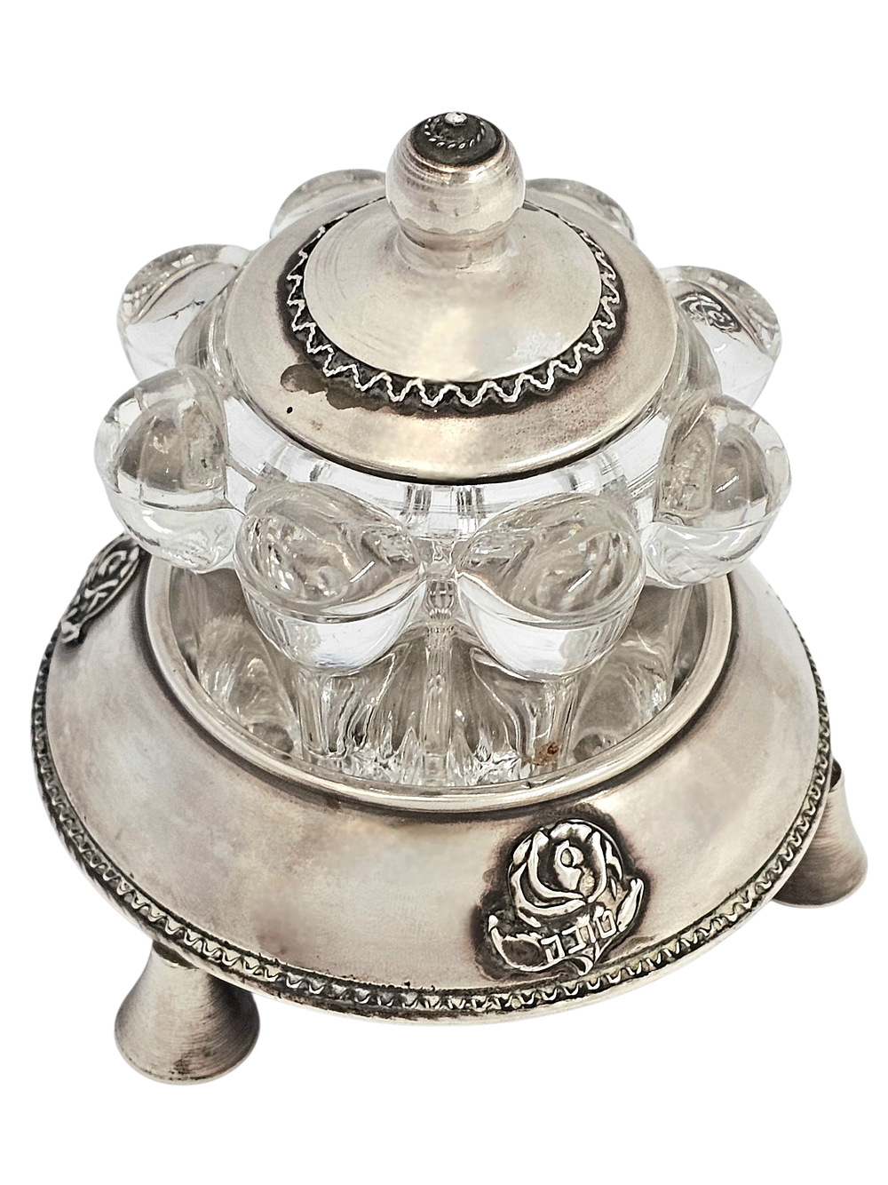 Sterling silver honey dish with embossing of rose motif and the words, in Hebrew, Shana Tova 