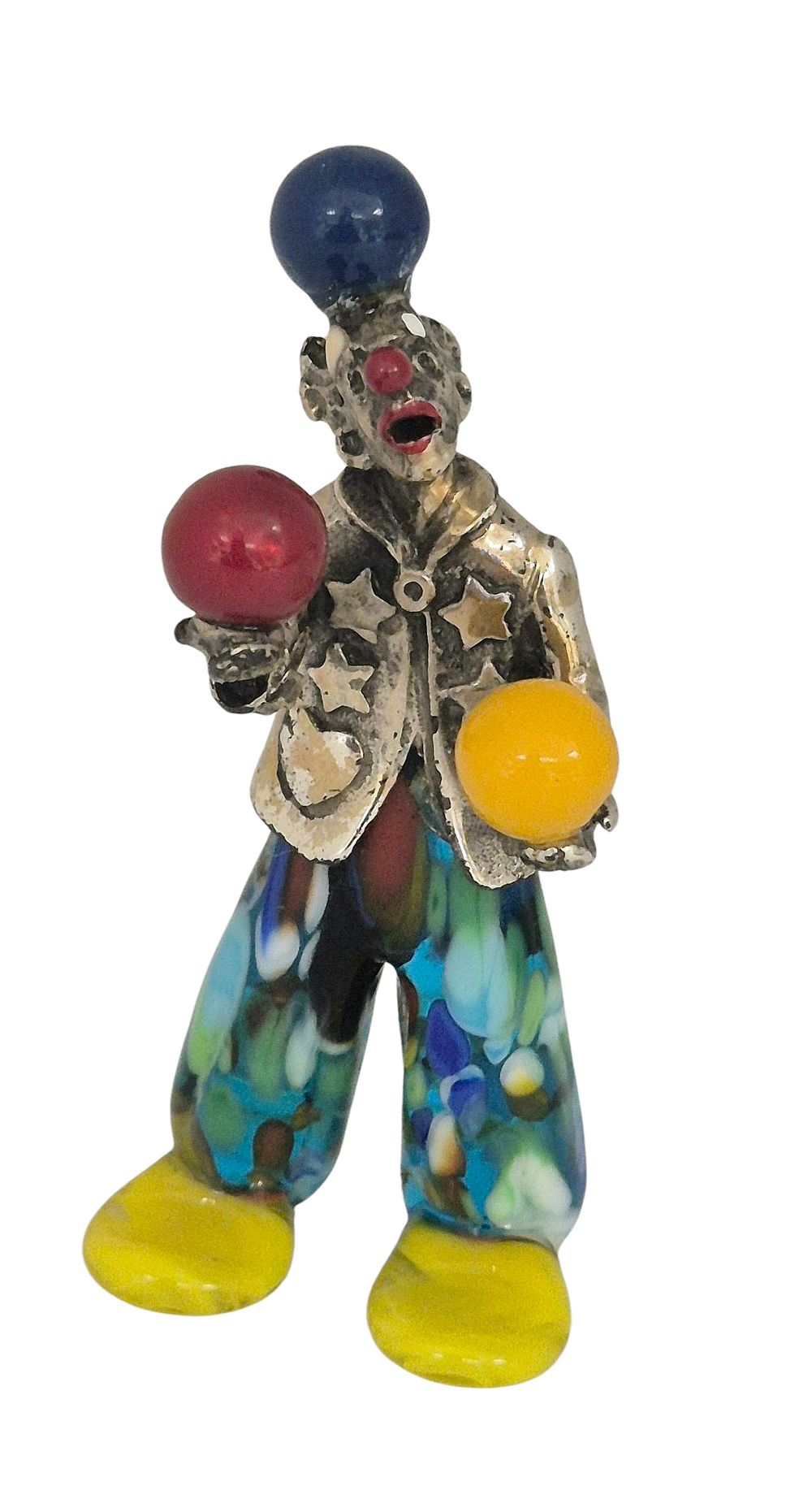 Vittorio Angini, miniature Murano glass clown with sterling silver embellishments. 
Weight: 