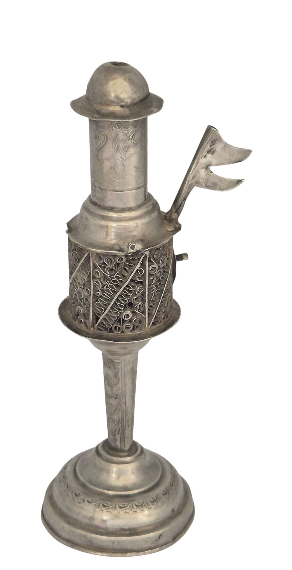 Spice (besamim) tower made of silver 800, with filigree details and embossing. Two lions with 