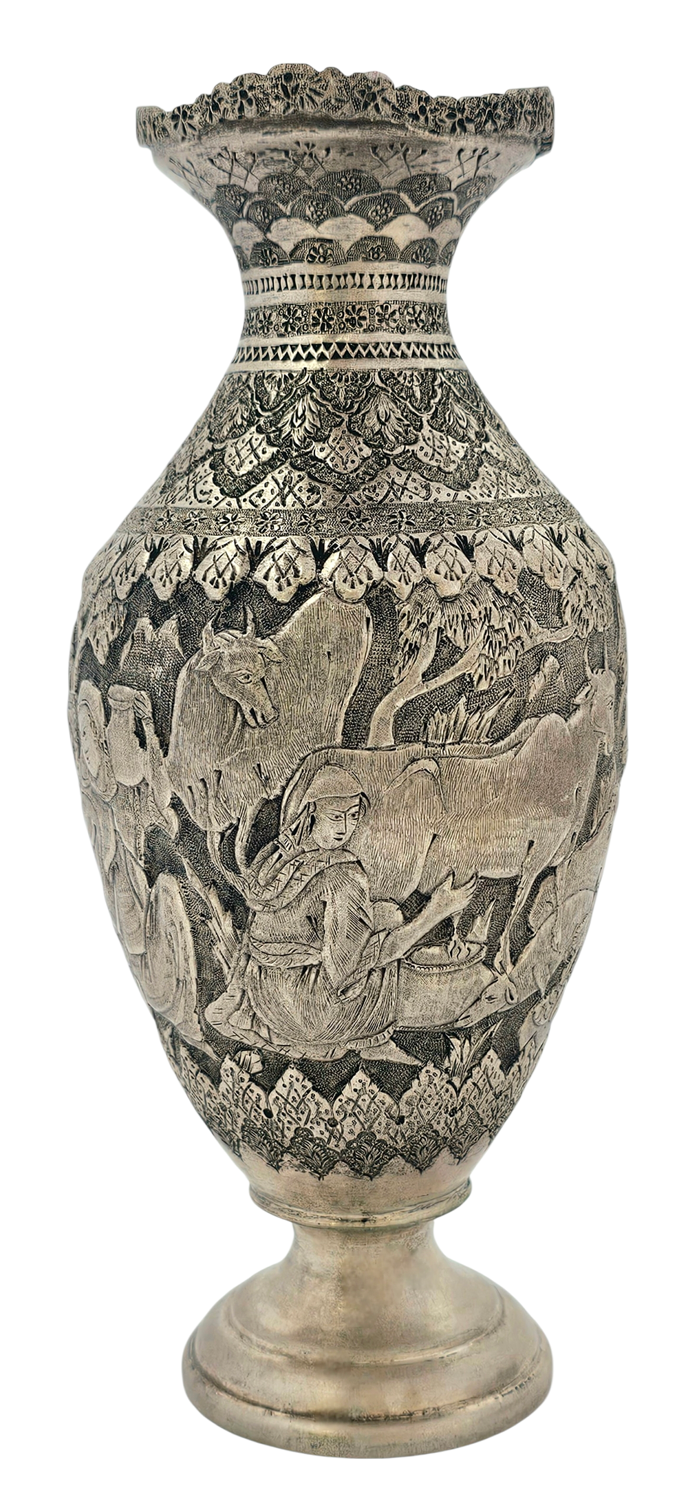 Isfahan Persian vessel with incredible engraving of various scenes with animals and nature. 