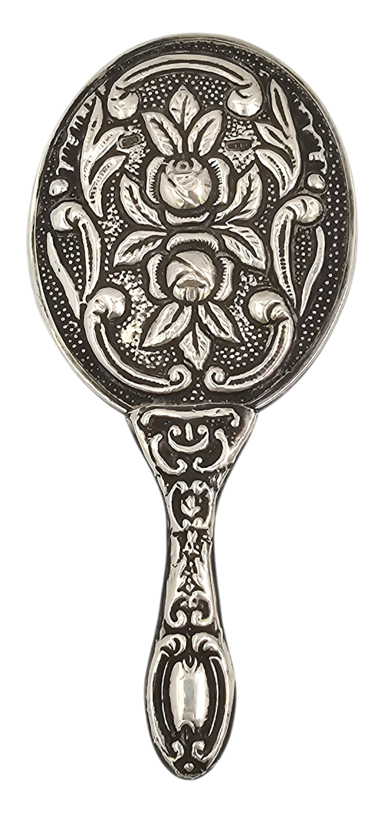Silver hand held mirror with floral motif. 
Turkey, mid 20th century. 
Weight: 99.13g. 