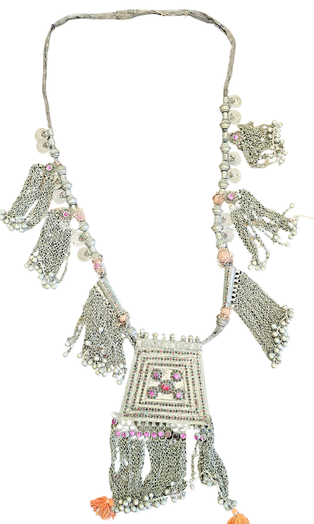 Antique silver plated copper briadal necklace embellished with colorful glass and old coins 