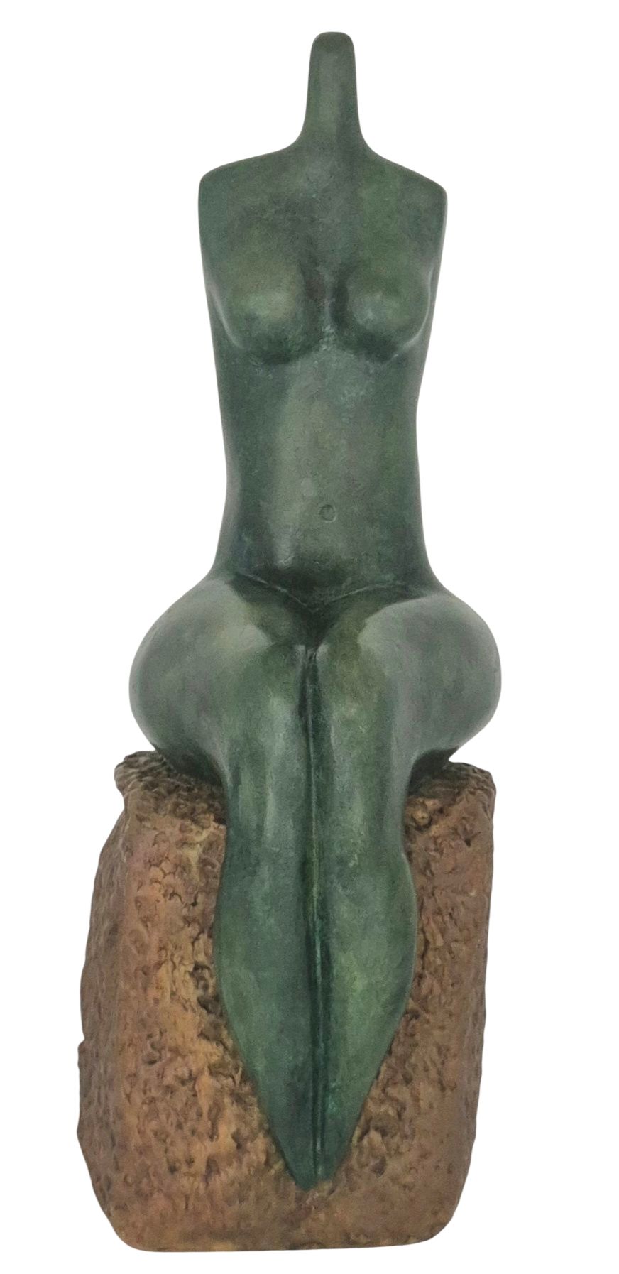 Sculpture of female form, made of plaster, painted in the look of bronze with patina. Sitting 