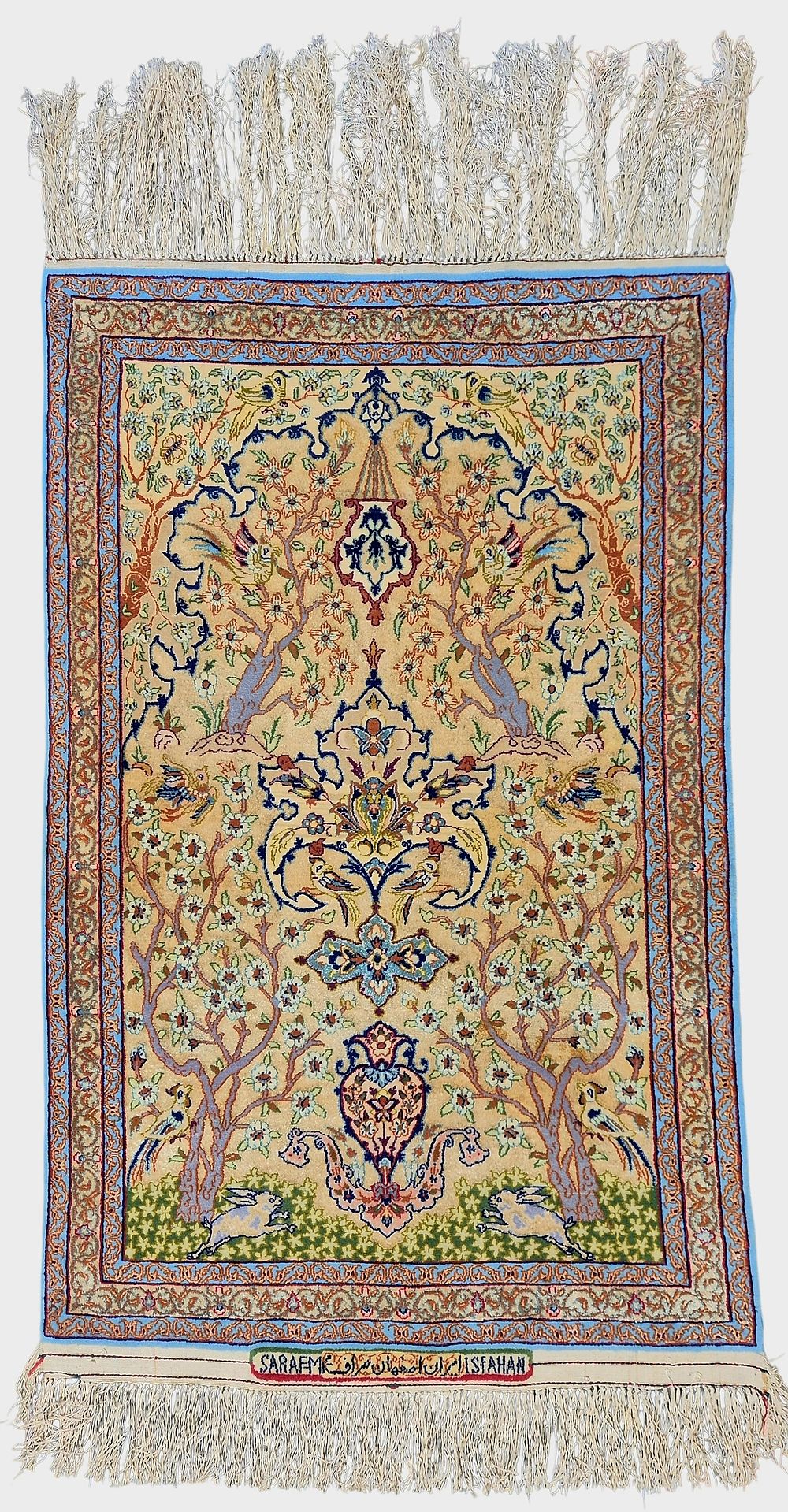 Isfahan wall hanging rug, made of wool, by M. Saraf, with beautiful Tree of Life at center and 