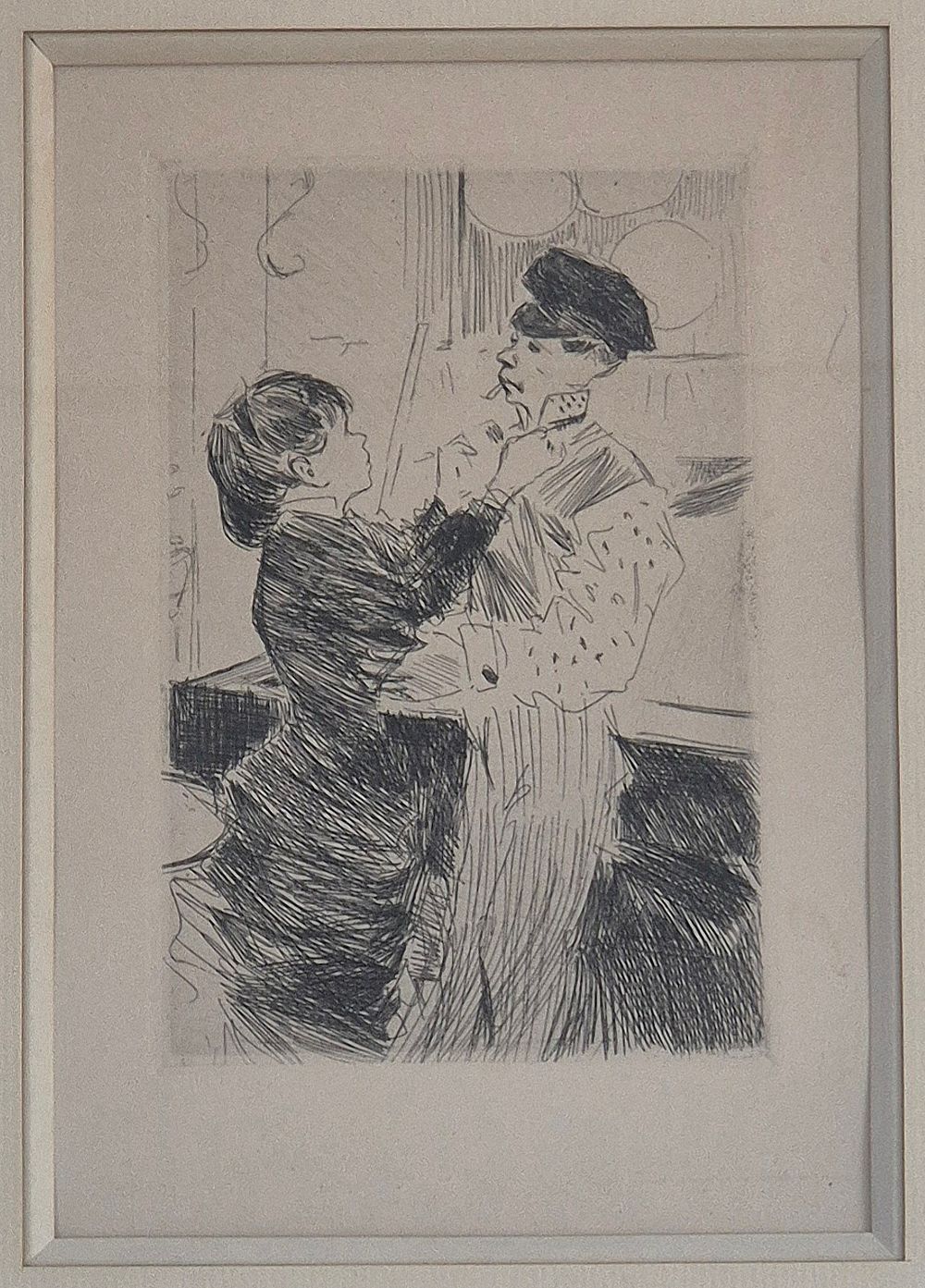Jean-Louis Forain - "Le noeud de cravate"- תחריט 1880. 
חתום, כיתוב בגב הציור אולי על ידי 