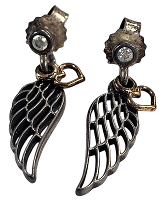 פנדורה, עגילי כסף 925 סטרלינג -באריזה מקורית, עיצוב : כנפי מלאכים בשילוב לב זהב, בעיצוב 