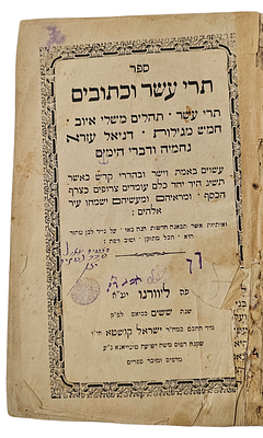 "ספר תרי עשר וכתובים" מהדורת ליוורנו (Livorno) שהודפס בשנת ת"ר (1840). 
נושא חתימת וחותמת 