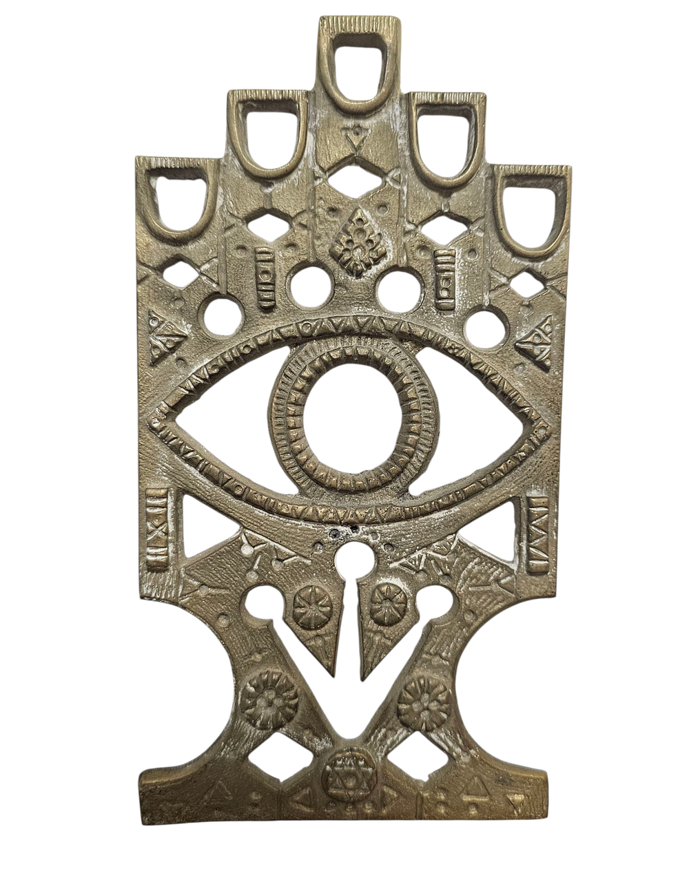 Hamsa w ith star of David and eye against evil eye and other engravings. 
Possiblly held 