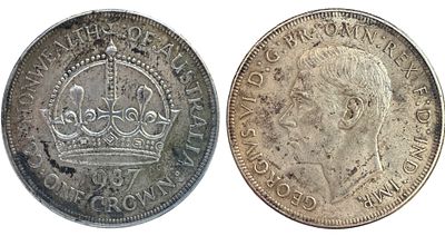 מטבע כסף 925 Sterling , אוסטרלי מסוג "כתר" (Crown) משנת 1937. עיצוב: בצד אחד מופיע כתר גדול עם 