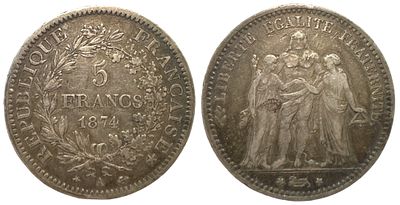 מטבע כסף 900 - פרנק צרפתי 1874 
קוטר 3.7 ס"מ.