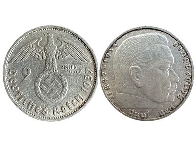 גרמניה הנאצית , מטבע כסף 625 - 2 רייך , 1937 
קוטר 2.5 ס"מ.