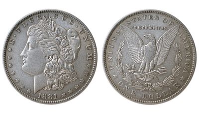 מטבע כסף 900 , דולר אחד אמריקאי - 1881 
קוטר 3.8 ס״מ.