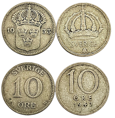 2 מטבעות כסף 400 - 10 אירה (&Ouml;re) משוודיה - 1933 ו-1947 
ה"אירה" הייתה יחידת המטבע המשנית של 