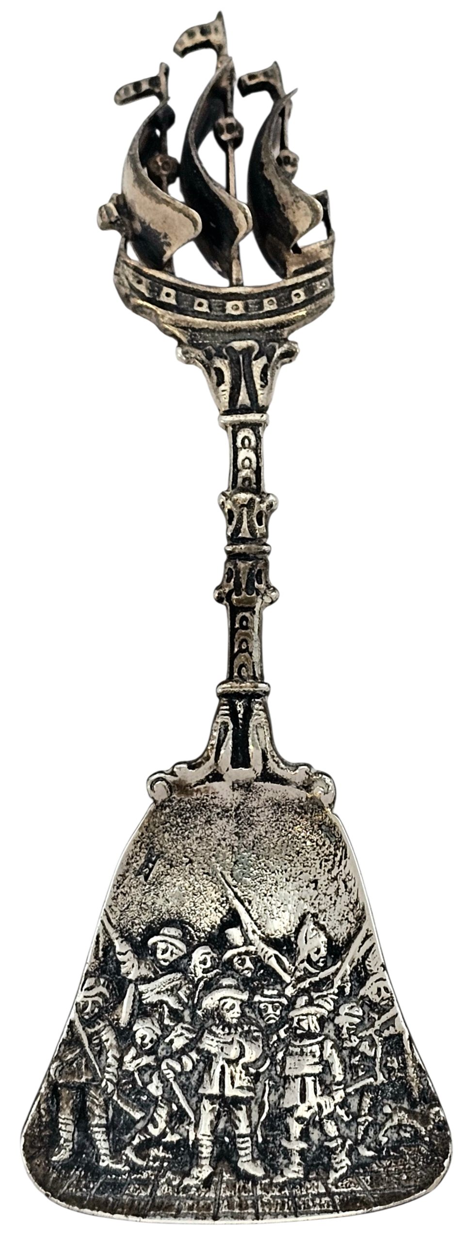 Antique Dutch silver spoon, made of 835 silver. Incredibly elaborate, with a ship at top and 