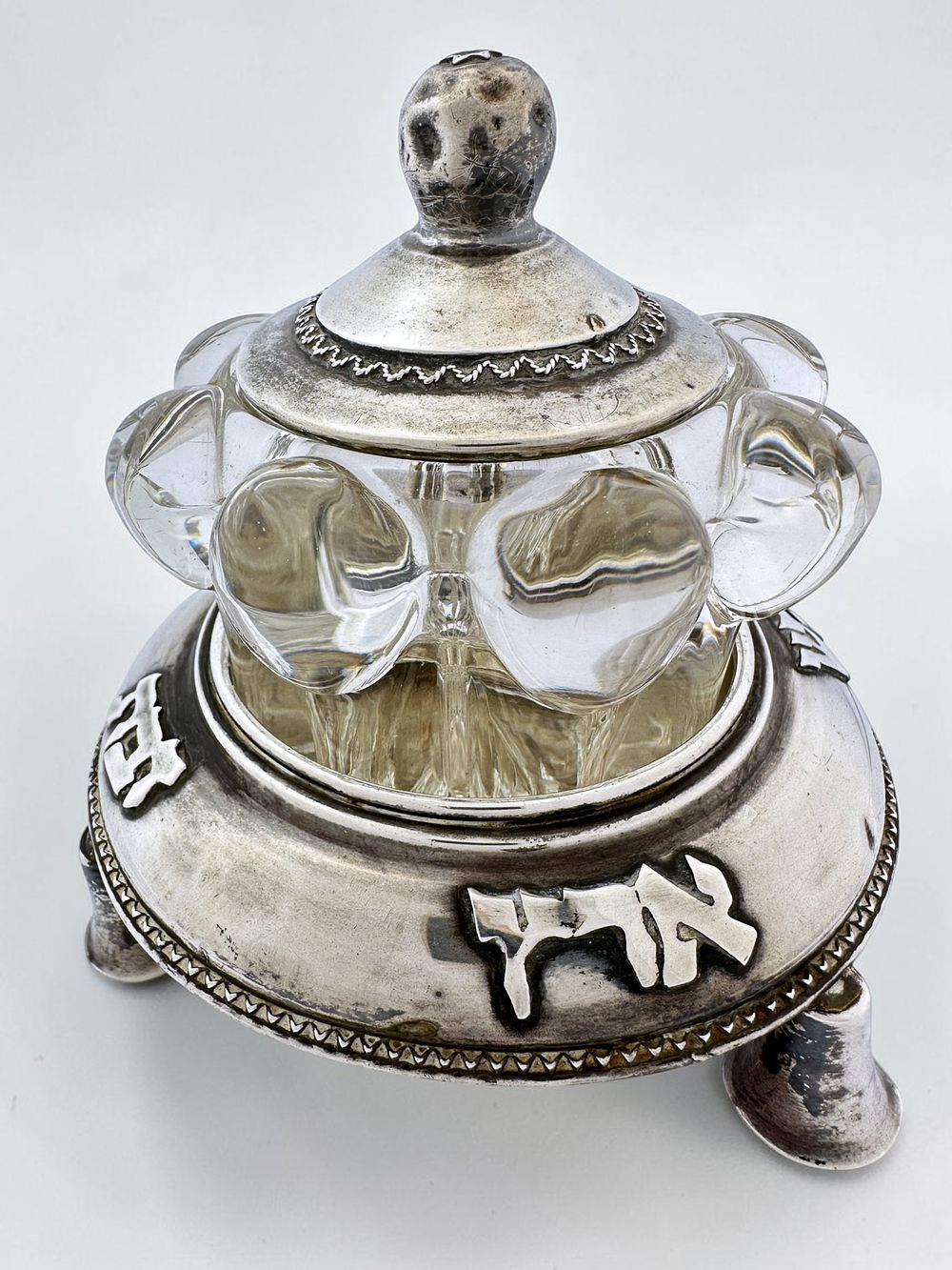 Honey dish for Rosh Hashanah, made of glass and sterling 925 silver (base and cover). With 