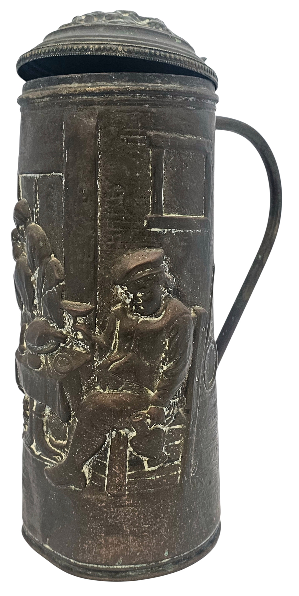 Antique German beer stein made of copper with tavern scene of men drinking. Very 