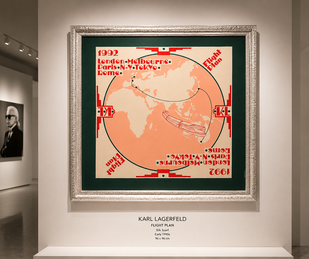 Karl Lagerfeld framed silk scarf titled "Flight Plan", designed by the renowned German-born 