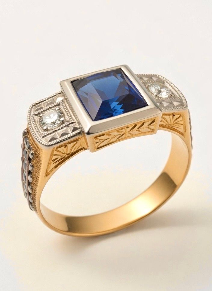 18K gold ring with central blue stone and a zircon at each side, Beautiful engravings and 