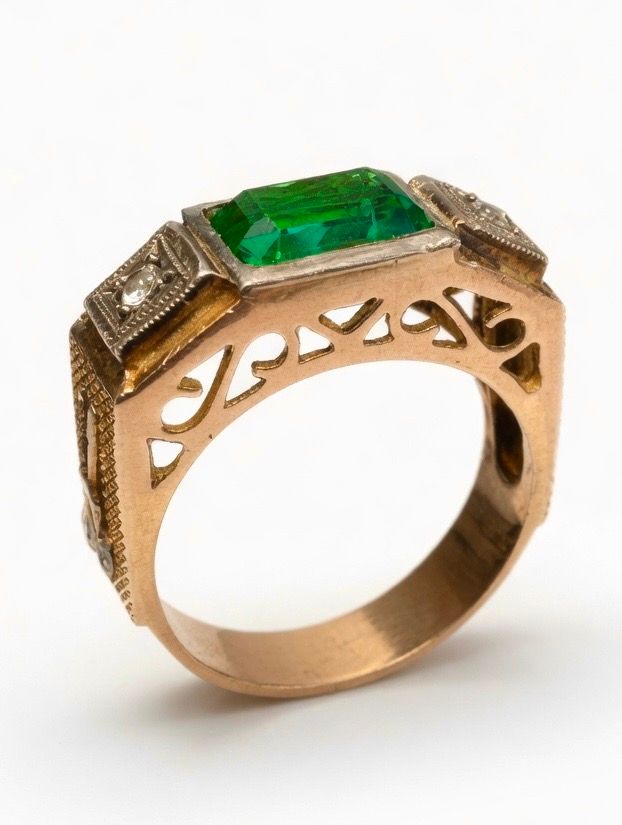 18k gold ring, yellow and white, set with a purple zircon. 
Weight: 4.9 grams. 
Size: 