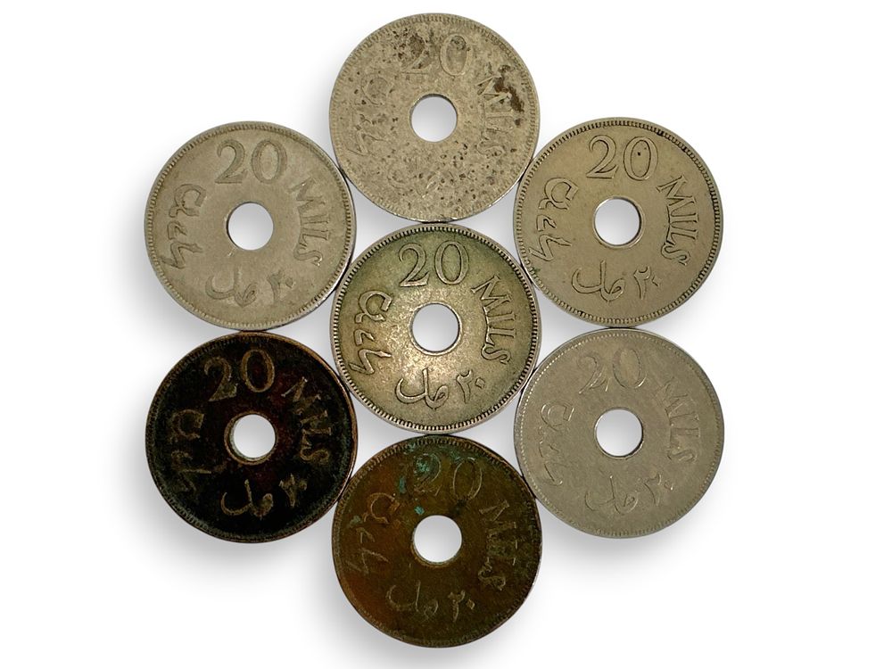 7 מטבעות - בערך 20 מיל מנדט פלשתינה (א"י), מצבים שונים.