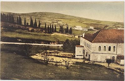 גלויה צבעונית משנת 1900 הדרך מנצרת לטבריה, הוצאה יהודית בלומנטל גרמניה.