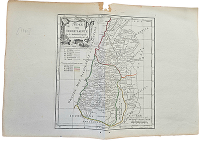 מפה עתיקה של יהודה והמקומות הקדושים– רוברט דה וגונדי (Robert de Vaugondy) 
יצא לאור 