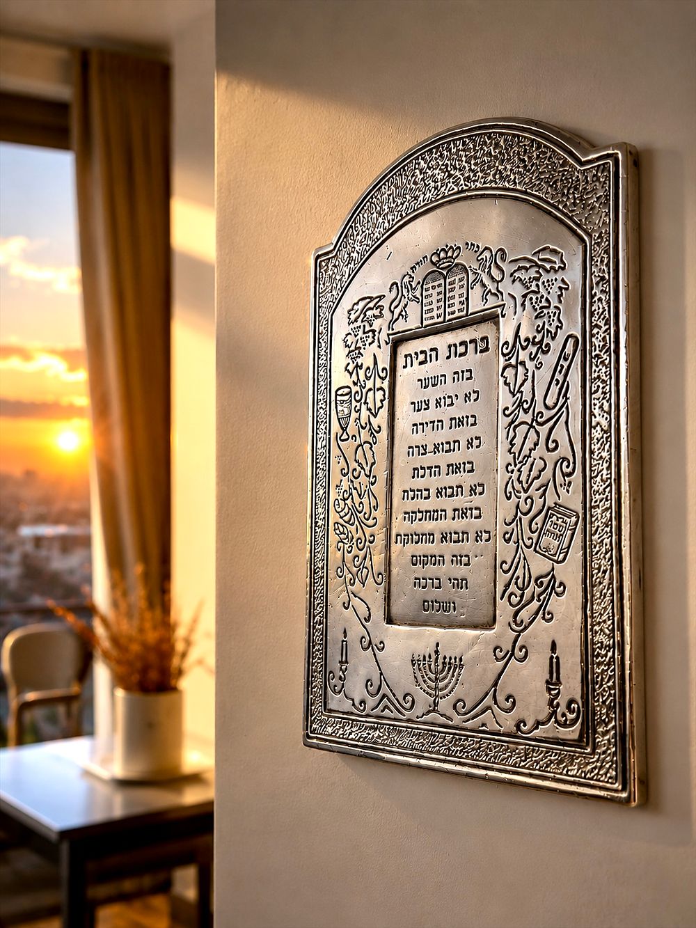 ברכת הבית עשוי כסף 925 בעבודת אלקטרופורמינג, חתומה Lebitski, בעיצוב קשת מעוטר עם ברכת הבית 