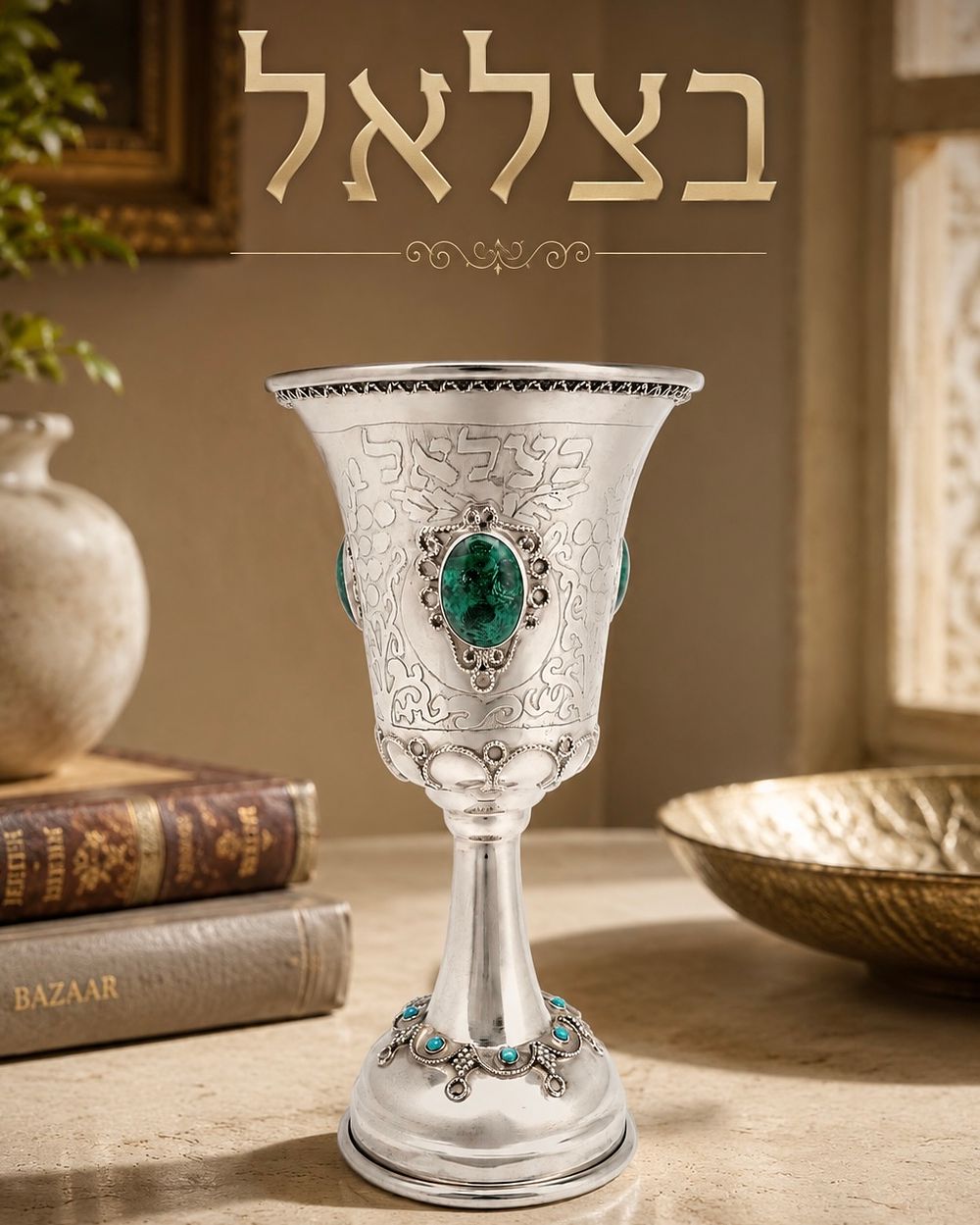 ***נדיר ולא מצוי!!! בצלאל - גביע קידוש מכסף תוצרת בצלאל, שנות ה-50. 
מעוטר עבודת צריבה 