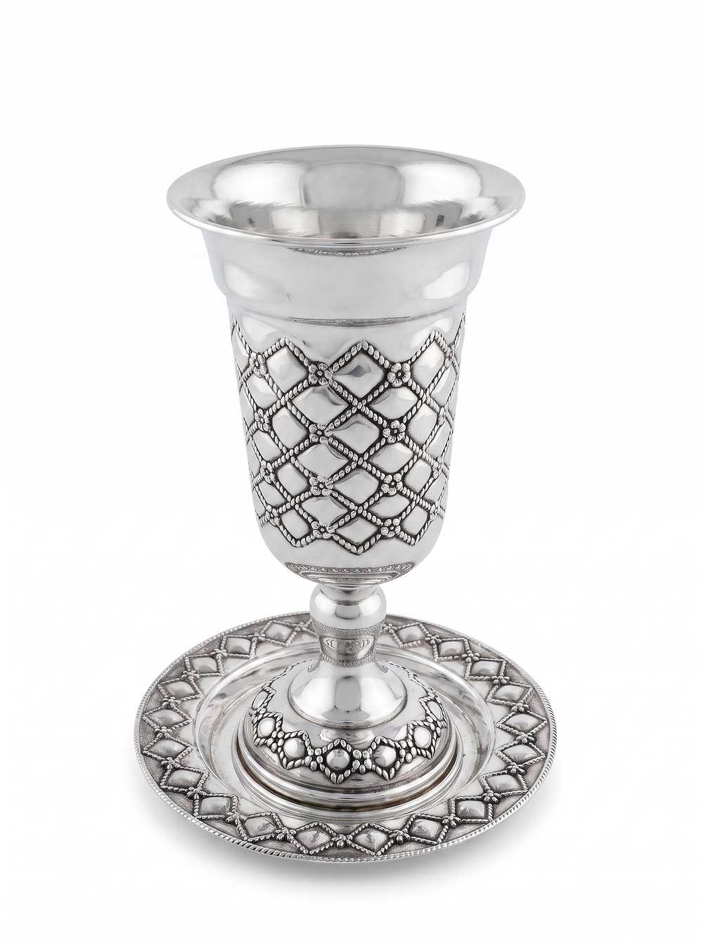 Beautiful kiddush cup goblet and matching saucer, crafted from 925 sterling silver with 