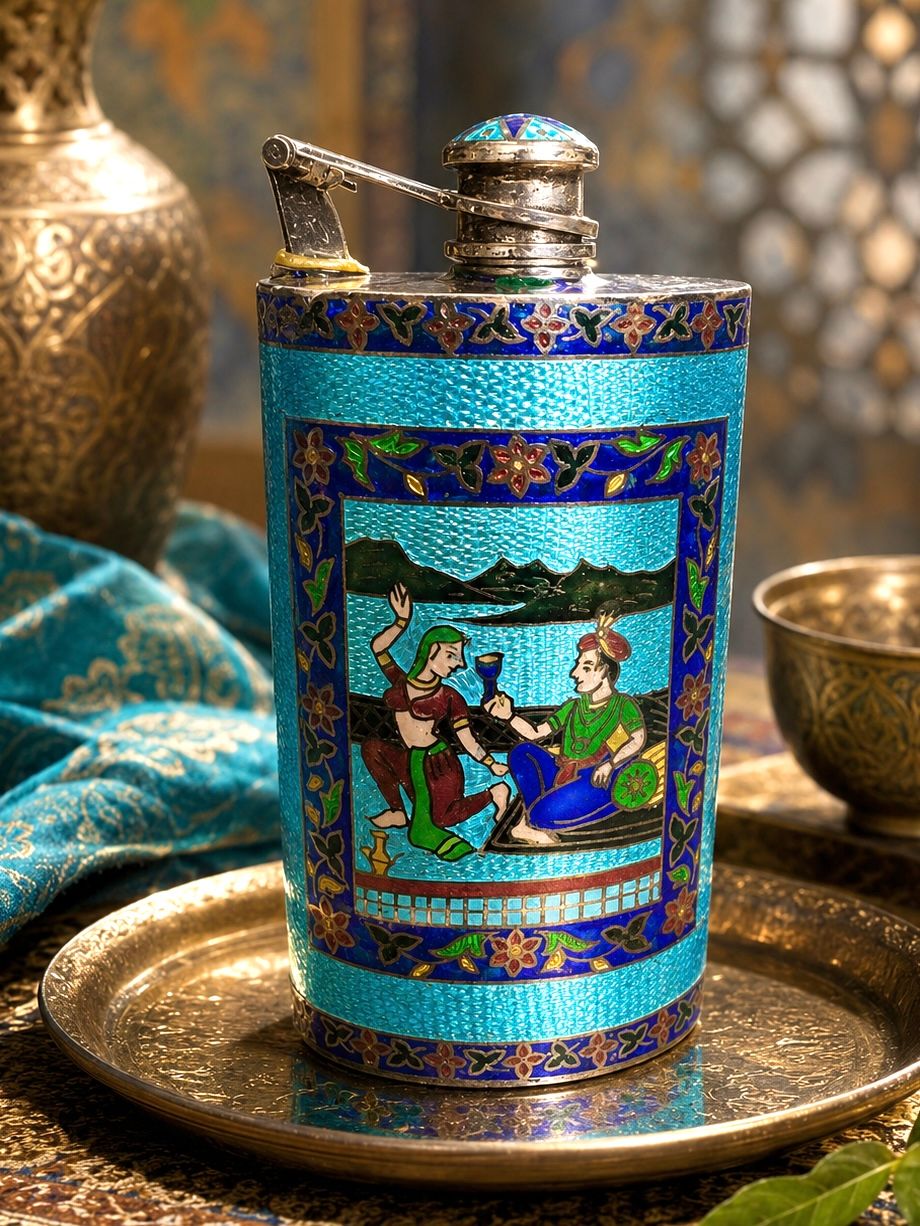 Antique silver meenakari* flask, with one side bearing floral motif and the other, a scene with 