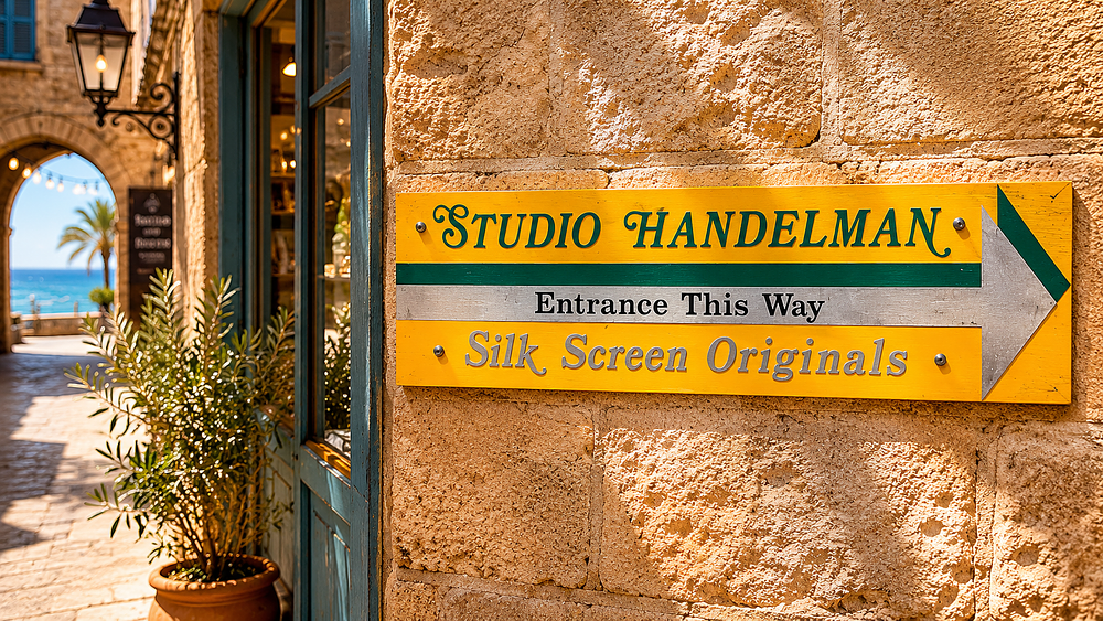 Artist/business studio sign: "Studio Handelman" , "Entrance This Way", "Silk Screen Originals". 