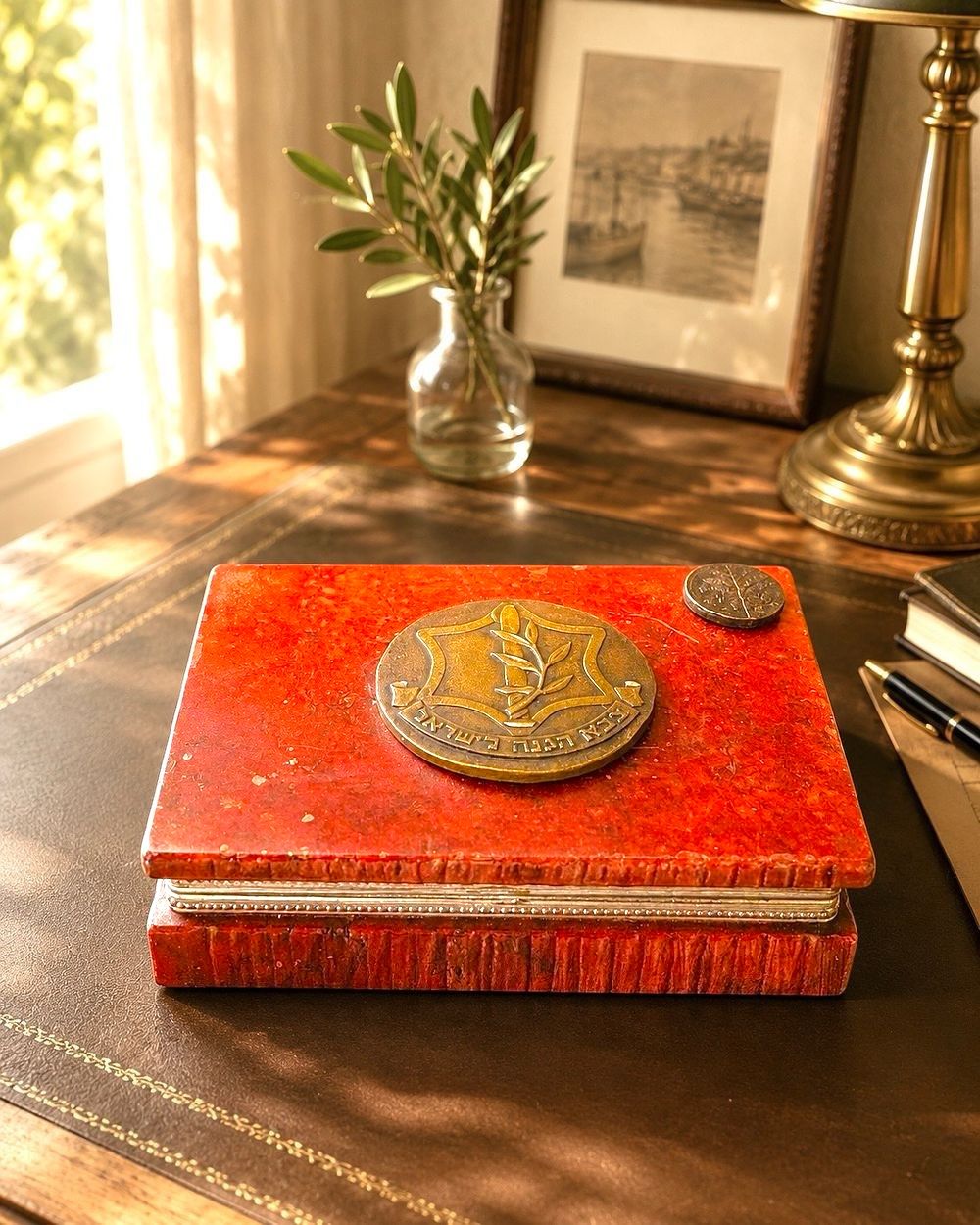 Handcrafted Italian alabaster box, featuring an Israel Defense Forces (IDF) medallion in the 