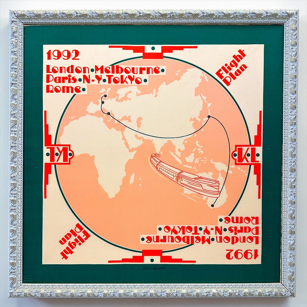 Karl Lagerfeld framed silk scarf titled "Flight Plan", designed by the renowned German-born 