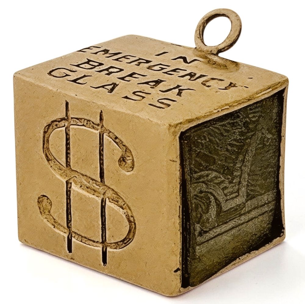14k gold pendant cube, handmade, with dollar signs, "Mad Money", "In Emergency Break Glass" and 