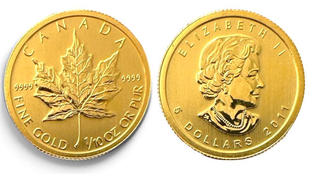 קנדה - 5 דולר 2011 - Gold Maple Leaf - זהב 9999, משקל 1/10 אונקיית טרוי מידות: 1.6 ס״מ. משקל: 